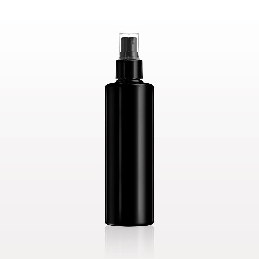 CYLINDER BOTTLE, BLACK WITH FINE MIST SPRAYER AND OVERCAP - Purple Beauty Supplies