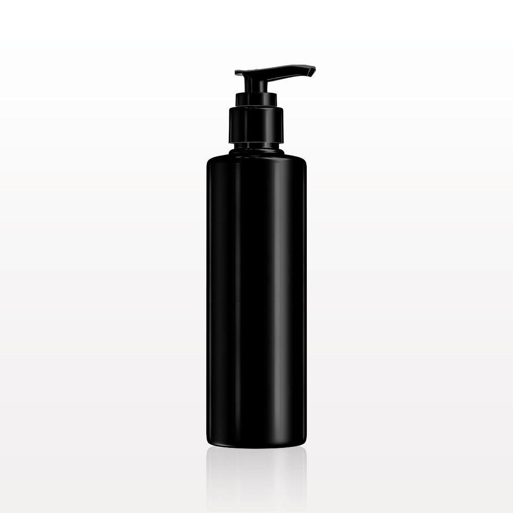 CYLINDER BOTTLE, BLACK WITH LOTION PUMP - Purple Beauty Supplies